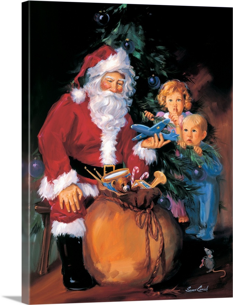 Painting of Santa handing out toys to two children.