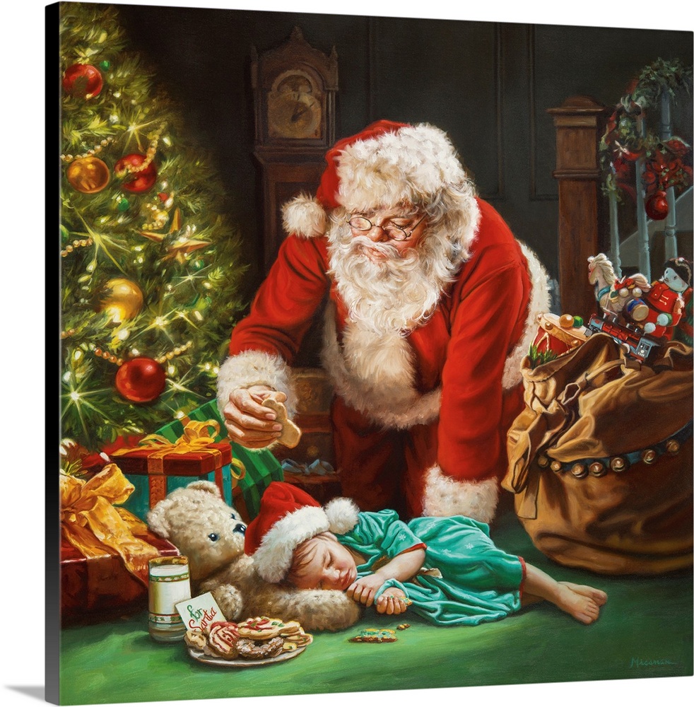 Santa taking a cookie by sleeping little girl.