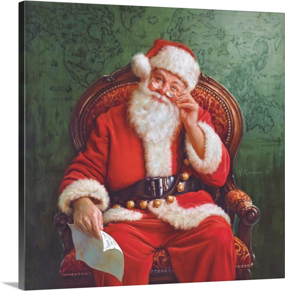 Portrait of Santa sitting in a chair holding a letter.