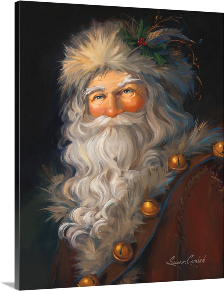 Fine art painting of Santa Claus wearing a fur hat and jacket.