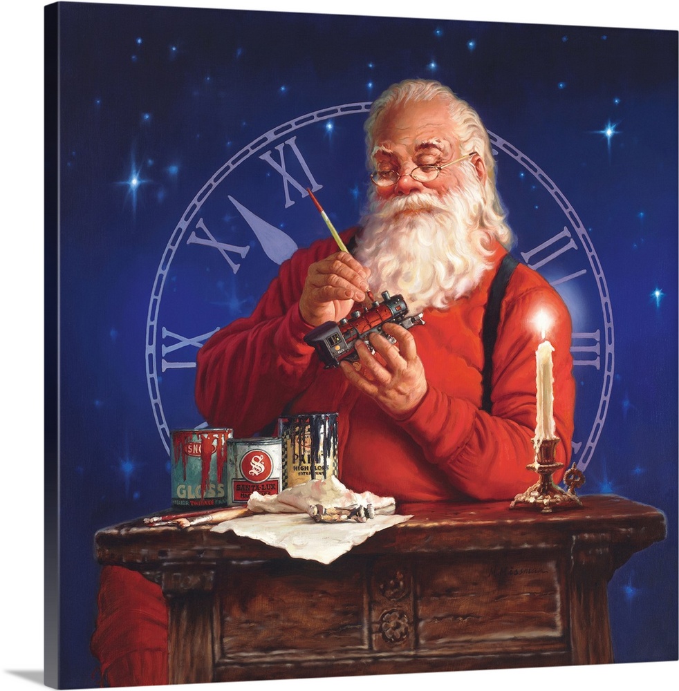 Portrait of Santa working on a toy train with a clock in the background.