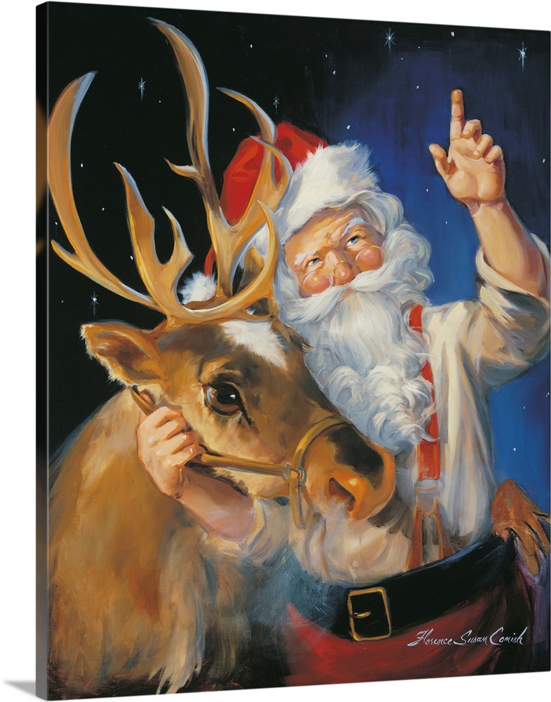 Portrait of Santa Claus talking to a reindeer.