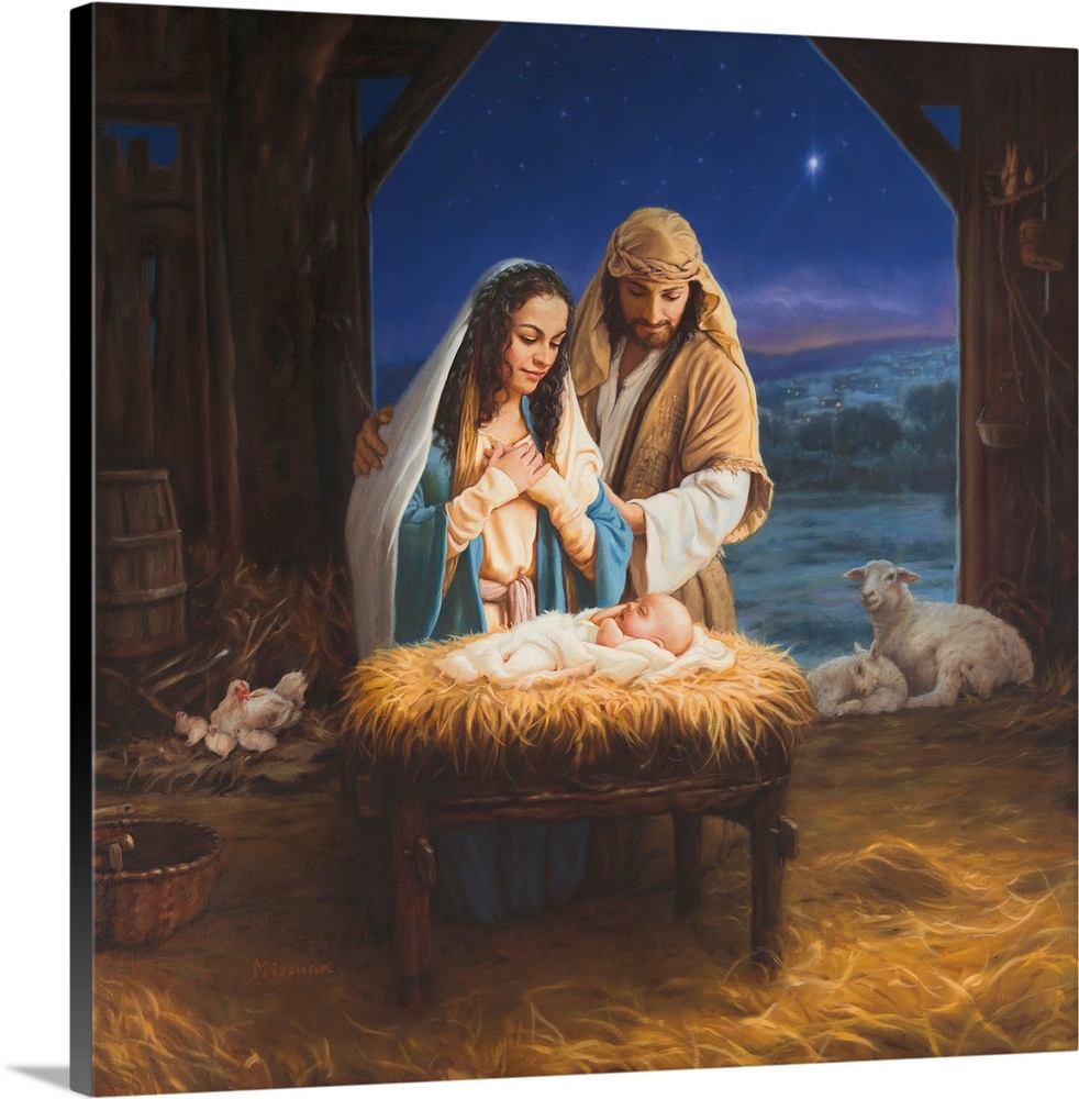 Nativity featuring Mary, Joseph and Christ child.