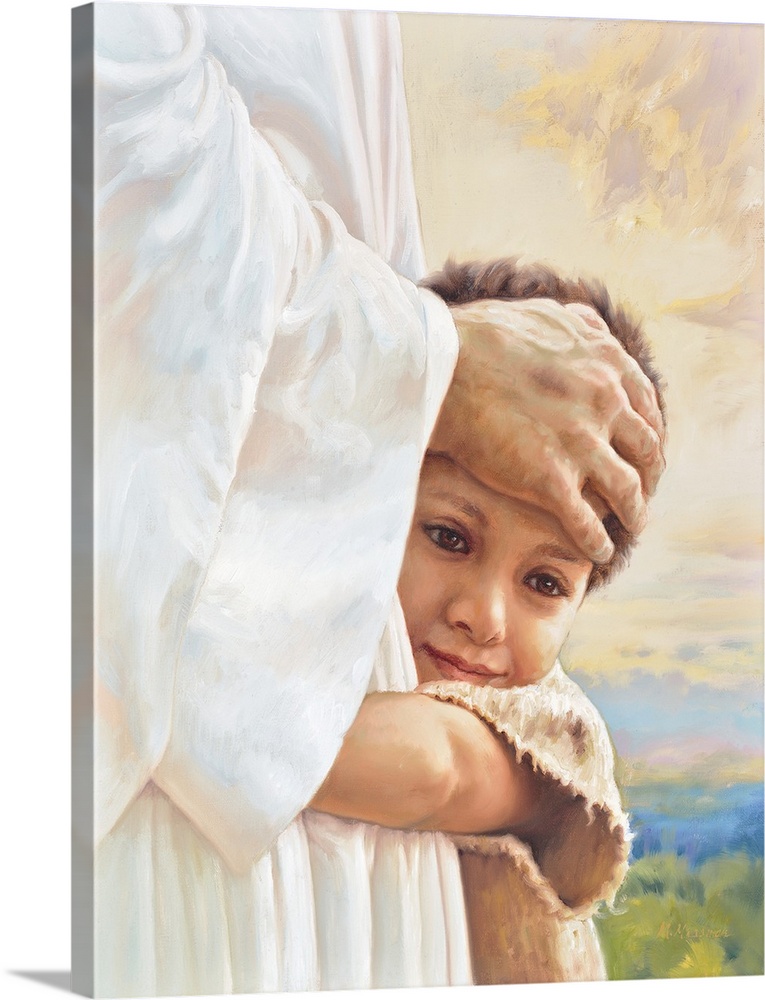 Fine art painting of a child hugging Jesus with a colorful sunset in the background.