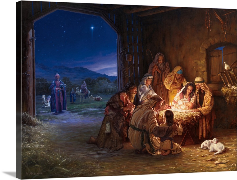 Religious painting featuring the nativity scene as shepherds gather around the baby Jesus and the...