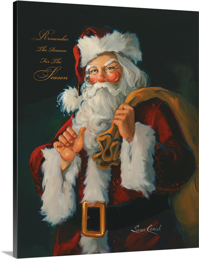 Fine art painting of Santa Claus holding a bag.