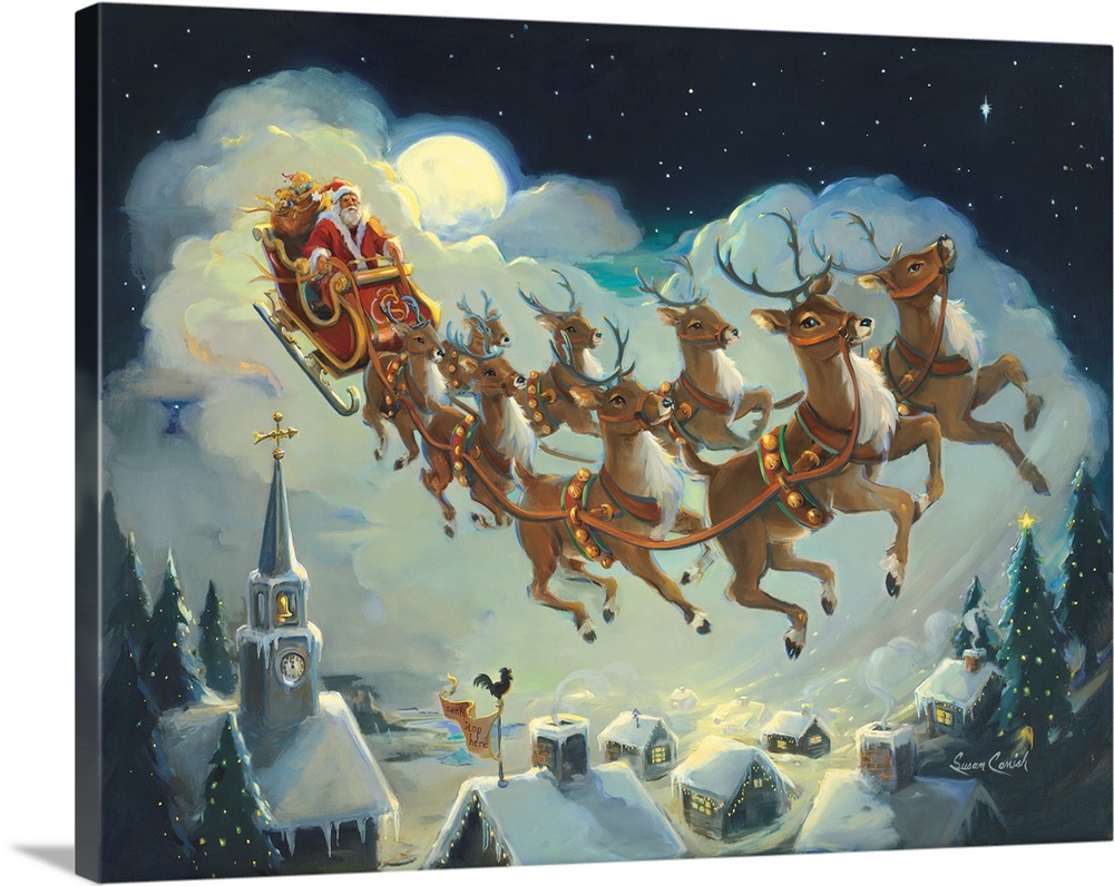 Painting of Santa and his reindeer flying over houses at night.