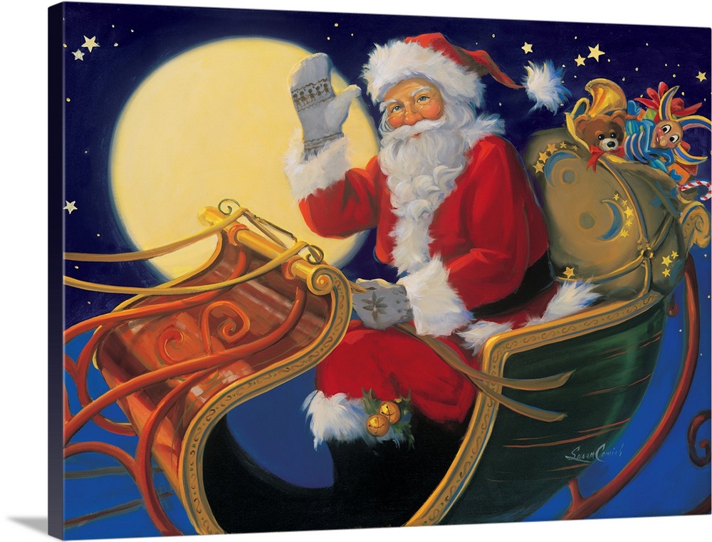 Painting of Santa Claus waving from his sleigh at night.