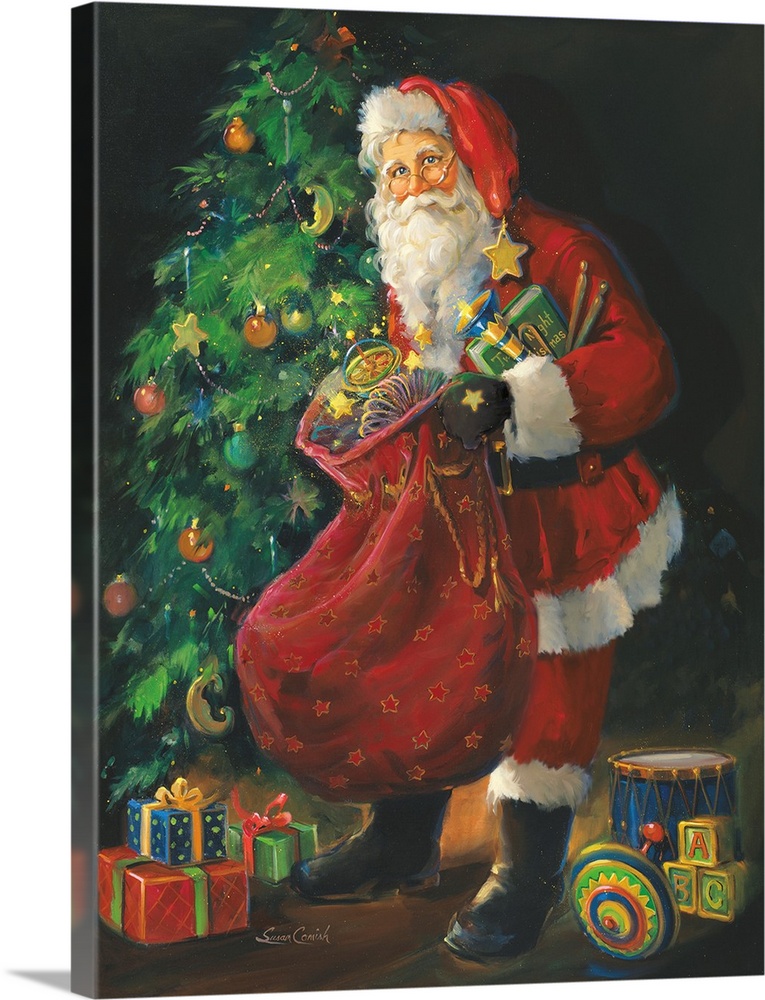 Painting of Santa putting toys under a Christmas tree.
