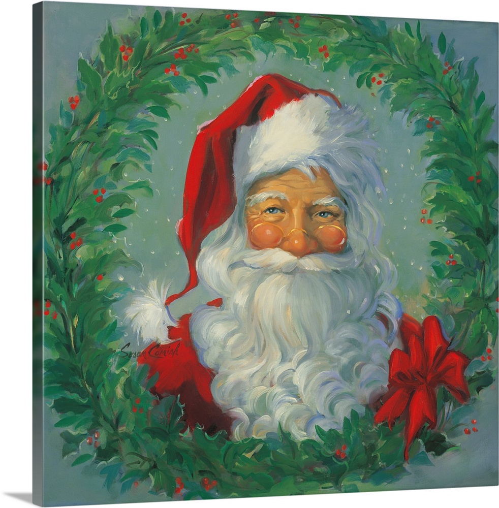 Portrait of Santa surrounded by a wreath.