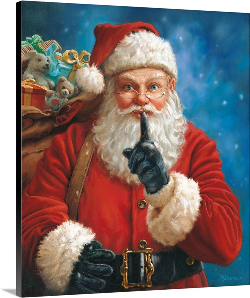 Contemporary painting of Santa Claus carrying his sack of toys on a blue background.