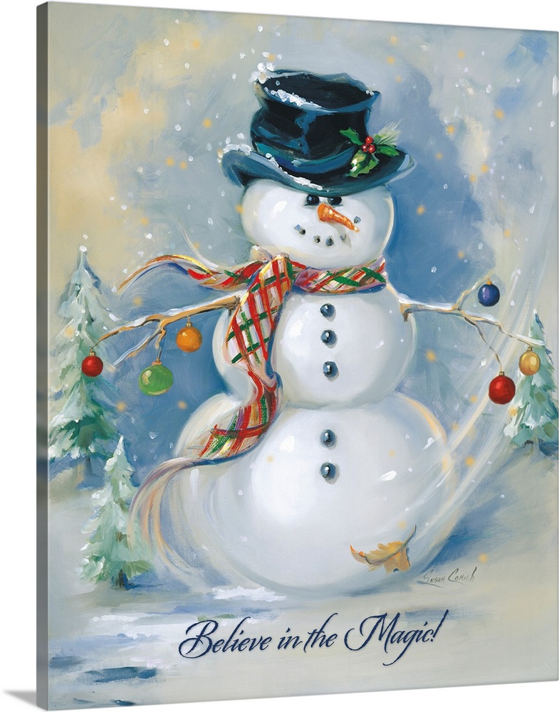 Painting of a snowman with trees and a blue background.