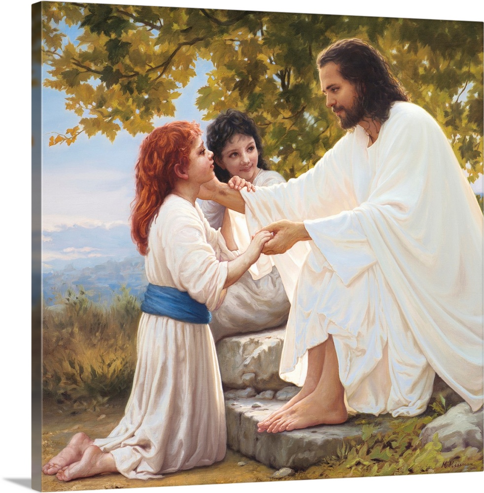 Fine art painting of Jesus talking to children.