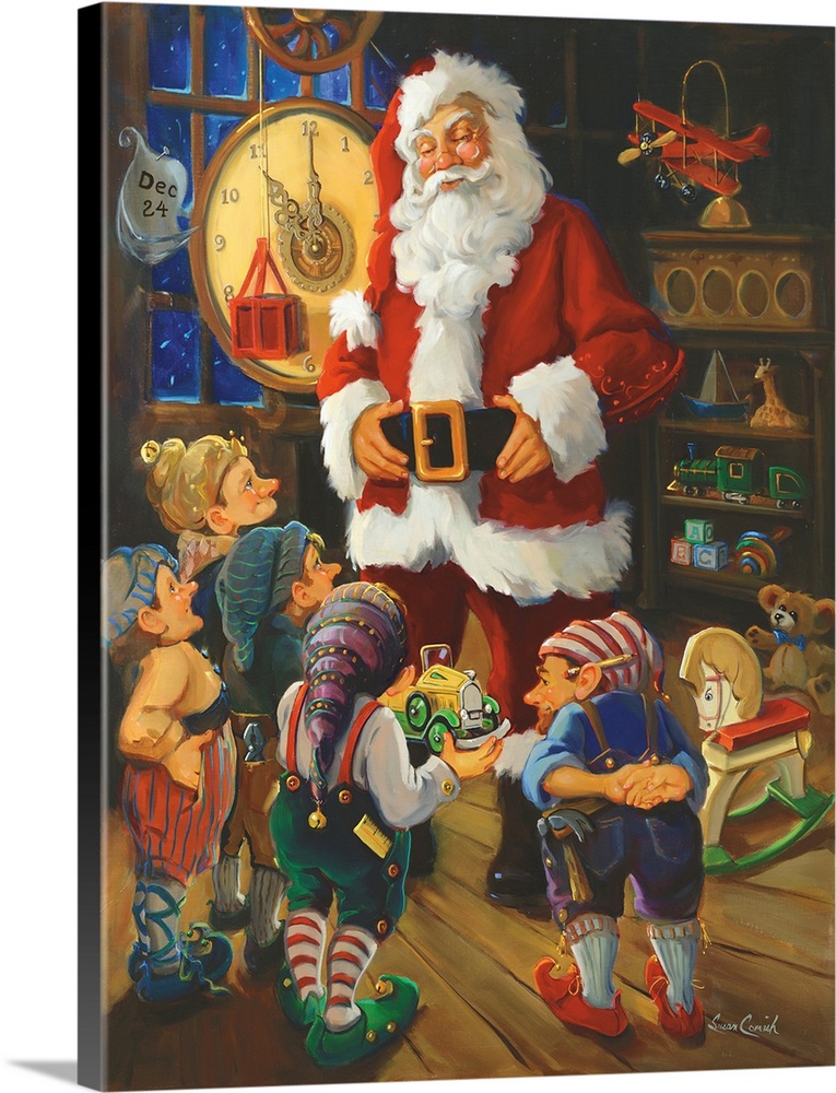 Painting of Santa Claus talking to his elves in the toy workshop.