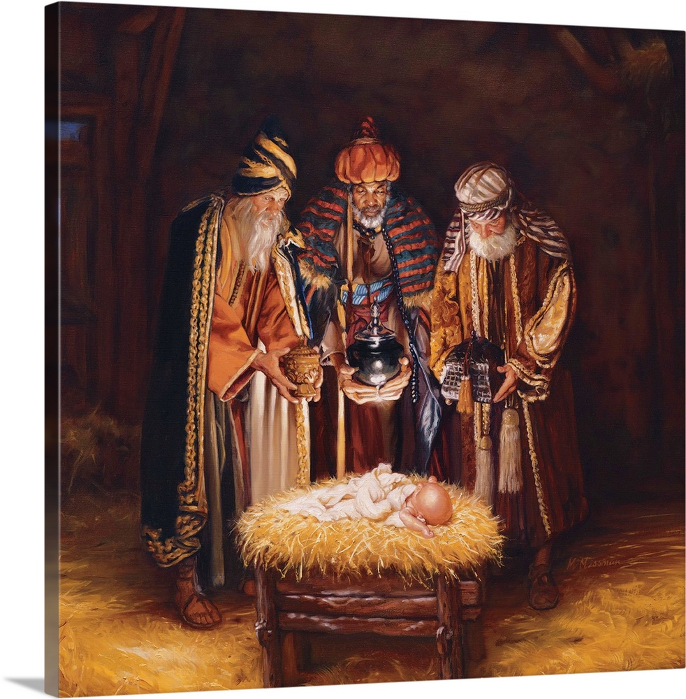 Religious art of three wise men bringing baby Jesus gifts.