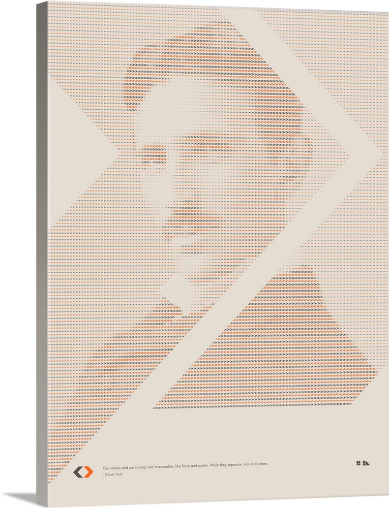 Graphic poster of Nikola Tesla made up entirely of orange, black, and gray arrows. Inspired by the great minds of science ...