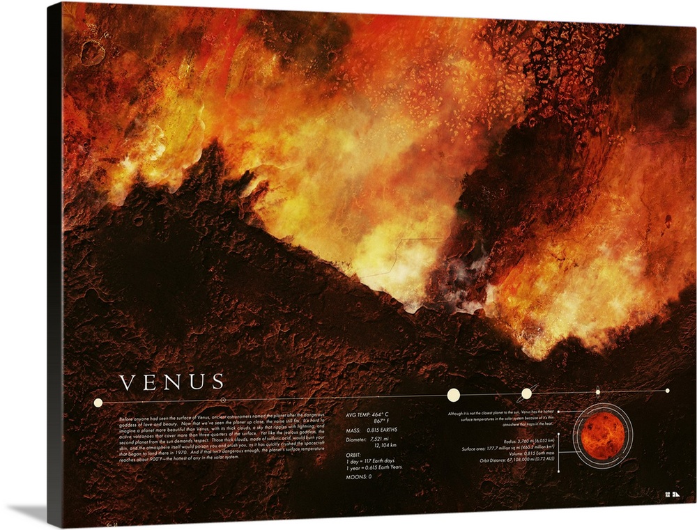 Educational graphic poster of Venus with written facts at the bottom including average temperature, mass, diameter, orbit,...