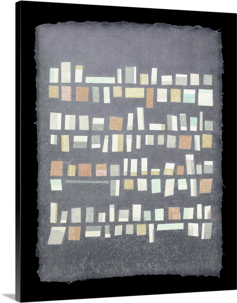 Orange, blue and gray rectangles line dance in a field of handmade paper.