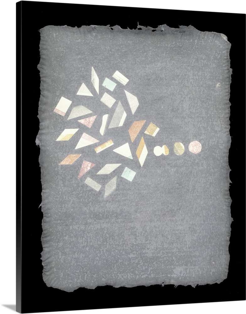 Geometric shapes cling together in a field of handmade paper.