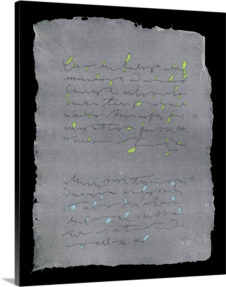 Loose lines evoking handwriting with splashes of green and blue face off on a sheet of handmade paper.