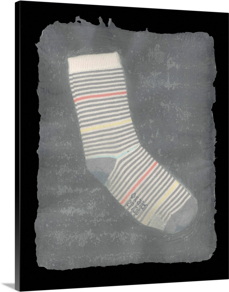 A worn, striped children's sock suspended in handmade paper.