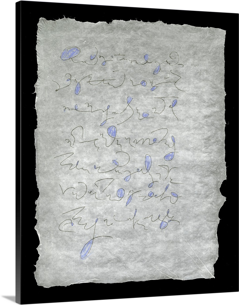 Loose lines evoking handwriting with splashes of blue wander on a sheet of handmade paper.