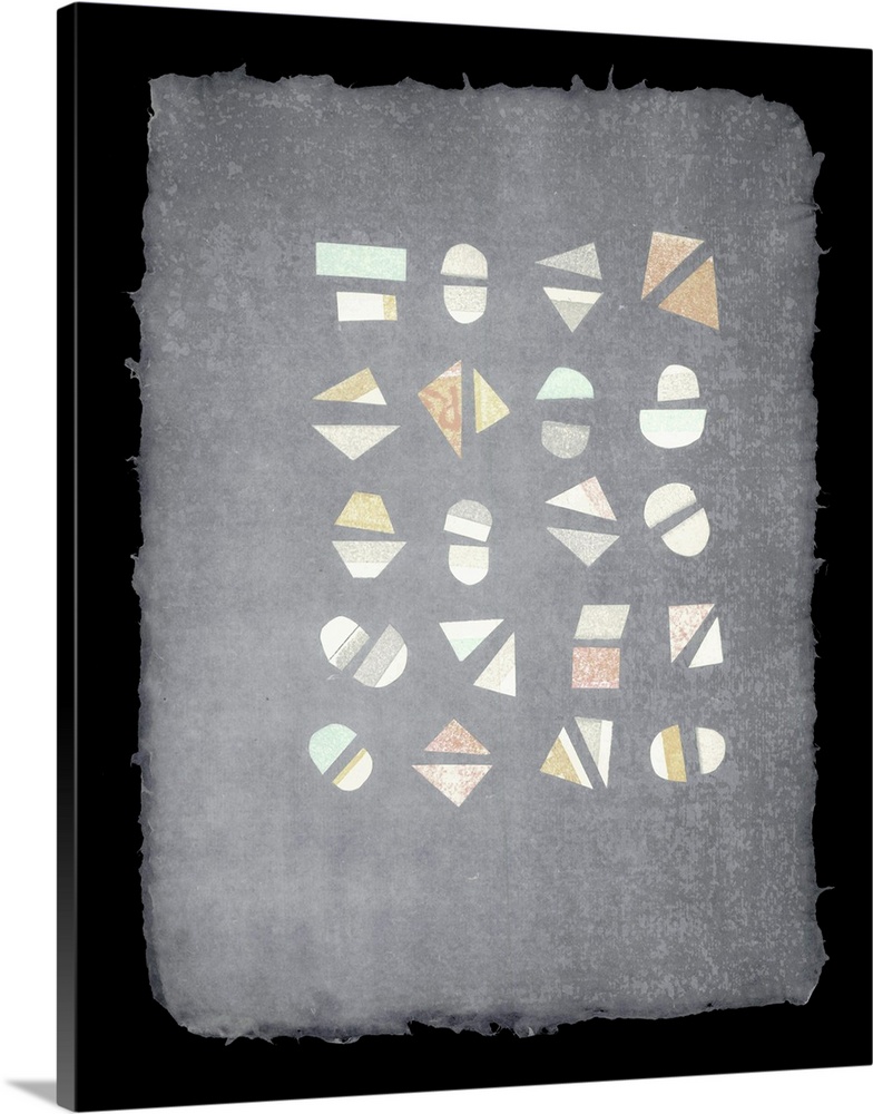 Geometric shapes pair up in a careful composition, suspended in a sheet of handmade paper.