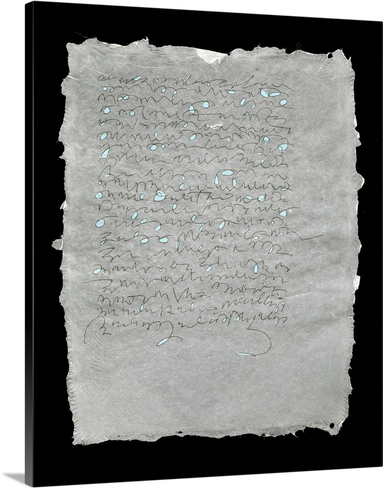 Loose lines evoking handwriting with splashes of blue move along a sheet of handmade paper.