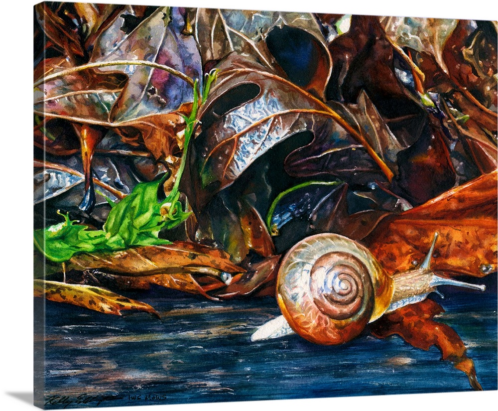 A watercolor painting of dead leaves with emerging green ones, and the tiny snail passing by.