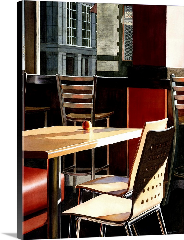 A contemporary watercolor painting of table and chairs in a cafe shop in Boston.