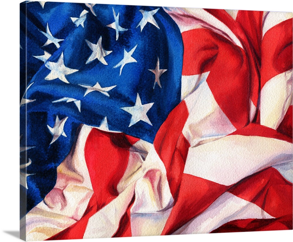 Watercolor painting of a draped american flag.