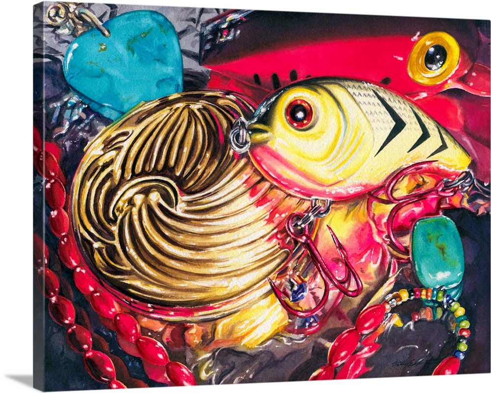 Watercolor painting of a yellow lure sits on aluminum foil and interacts with a gold compact, coral beads, and turquoise.