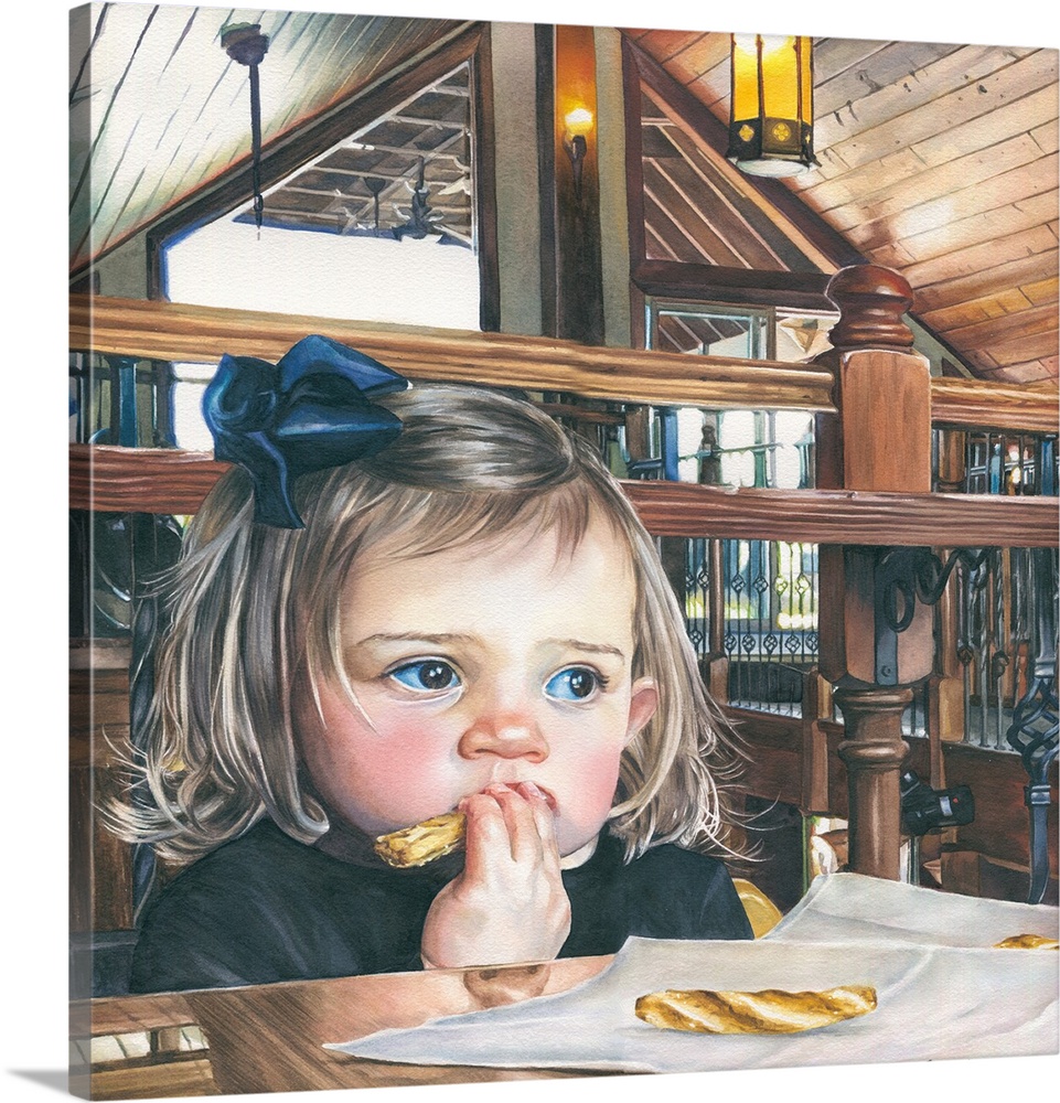 A watercolor contemporary painting of a small child sitting at a table to eat.