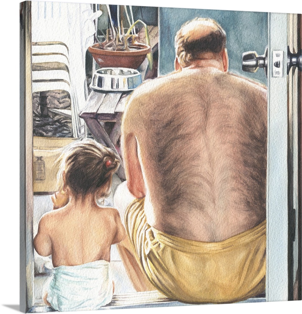 Watercolor portrait of a father and daughter sitting in a doorway.