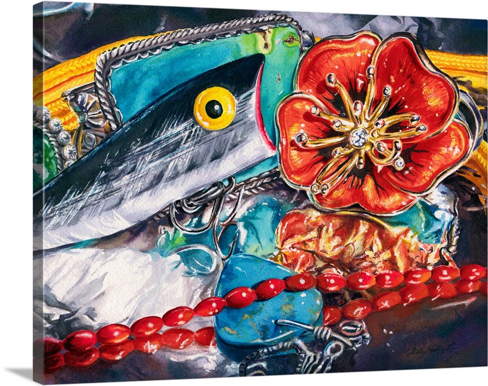 Watercolor painting of a fishing lure sits on aluminum foil and interacts with a poppy pin, coral beads, and turquoise nec...