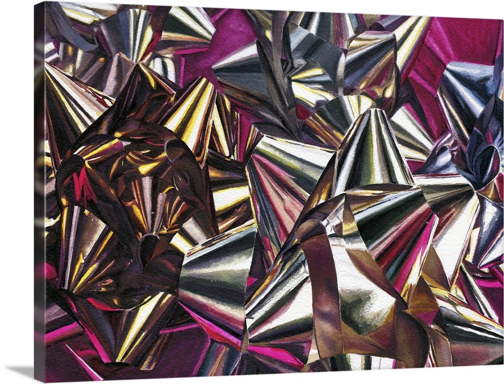 Watercolor painting of metallic bows scattered on a piece of pink satin.