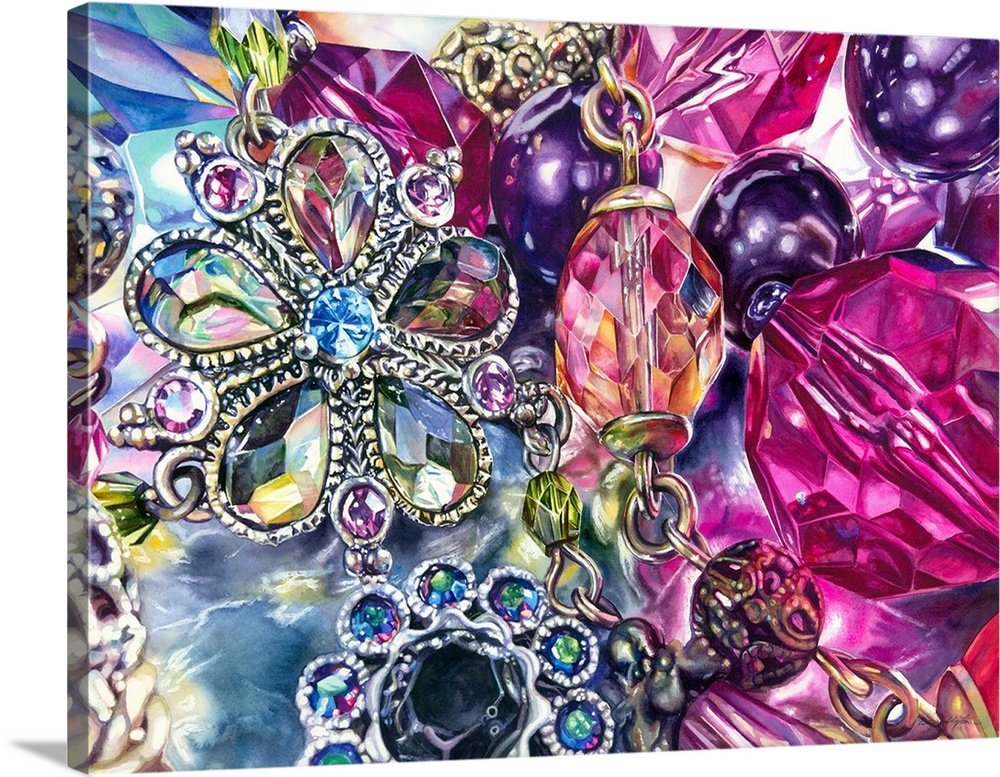 A watercolor close-up of a small selection of jewelry.