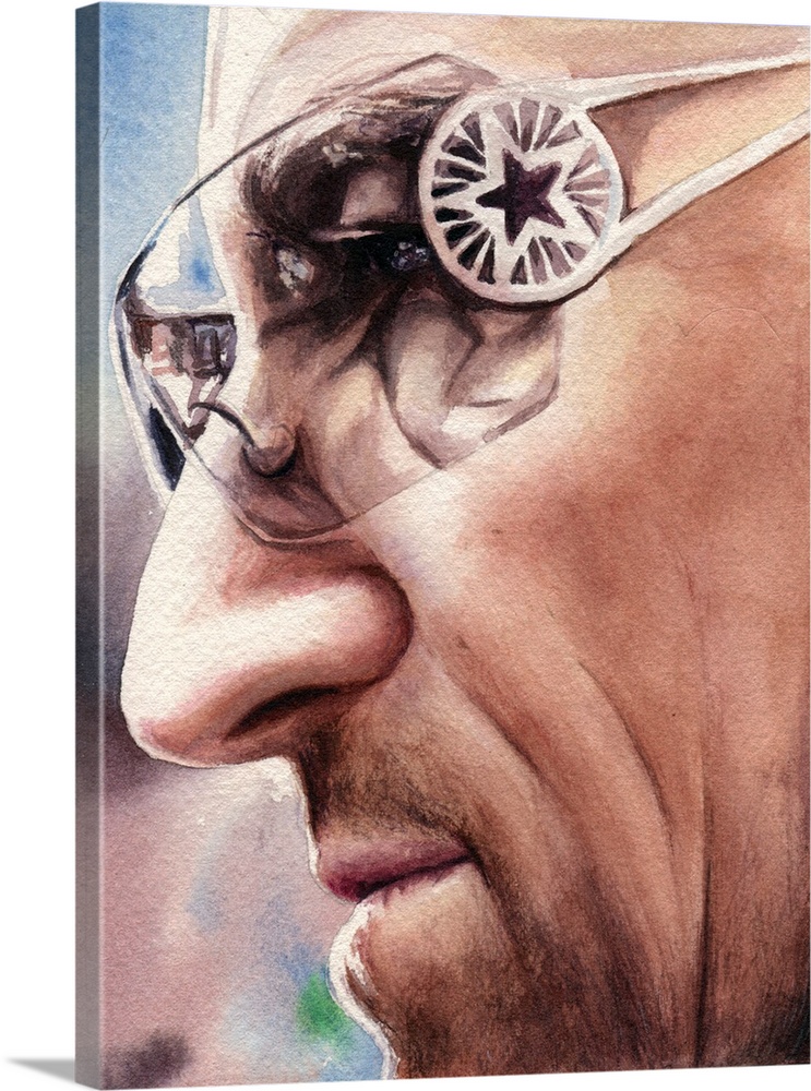 Watercolor portrait of Bono focusing on his nose, skin, and facial stubble.