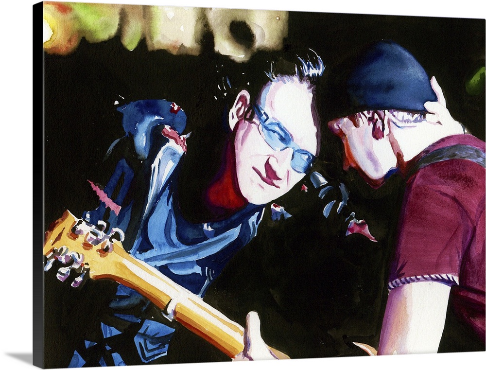 Watercolor painting of strange yet awesome forehead-grinding from U2 live at Slane Castle, Elevation tour.