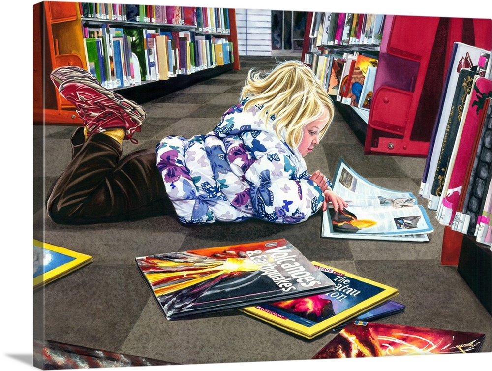 A watercolor portrait of a young girl laying on the floor of a book store looking at books about volcanos.