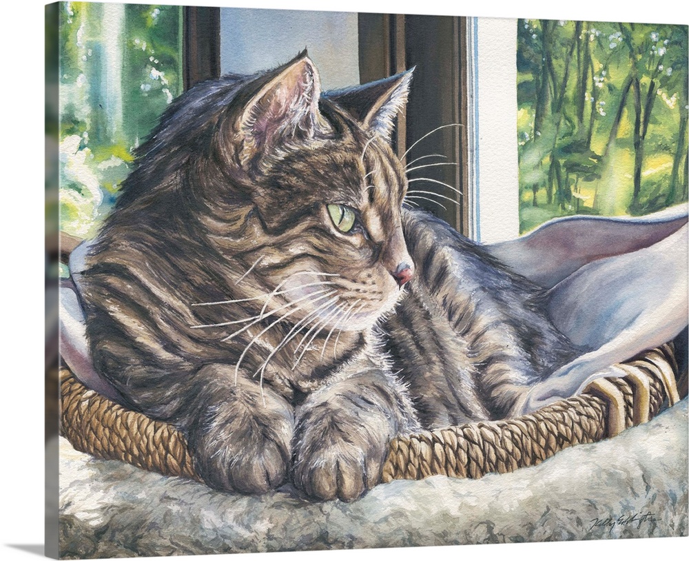 Watercolor painting of a cat about to take an afternoon nap in her basket.