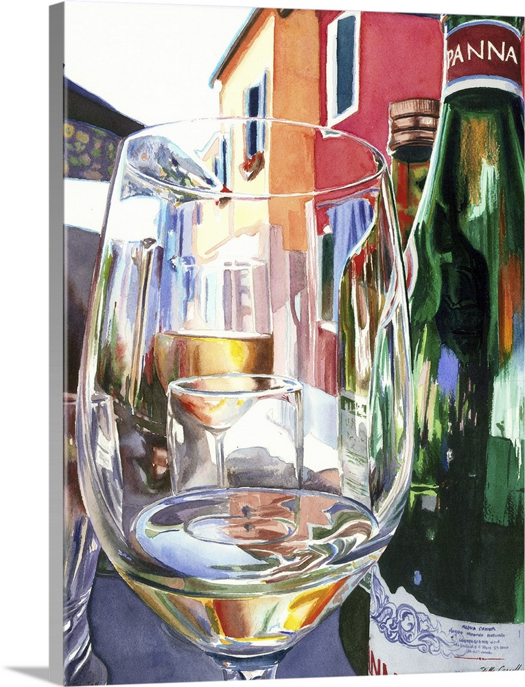 Watercolor painting of a wine glass in which you can see more glasses though it against a colorful building background.