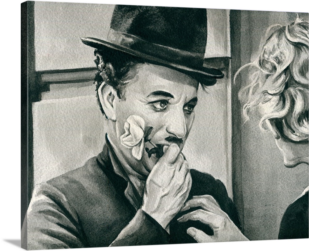 A monochromatic watercolor of Charlie Chaplin.