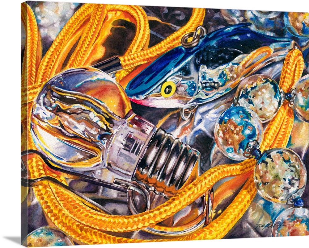 Watercolor painting of a silver fishing lure interacting with a lightbulb necklace.