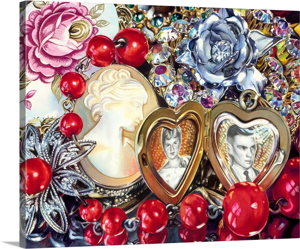 Detailed watercolor painting of a variety of jewelry, including a locket and brooch.