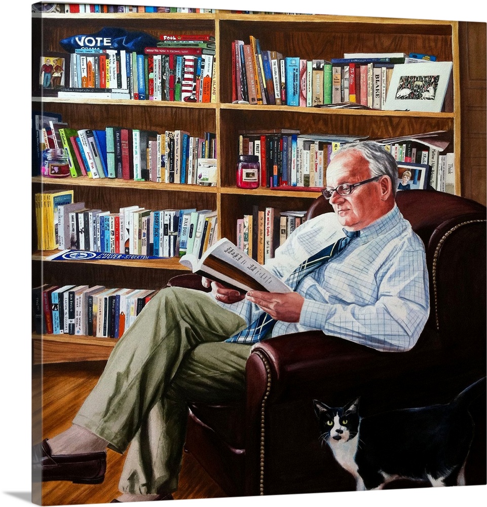 A contemporary watercolor painting of an associate professor of education at Culver-Stockton College in Missouri, sitting ...