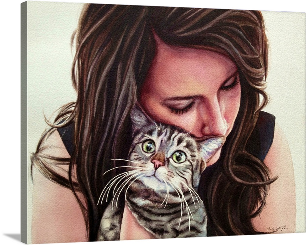 Contemporary watercolor painting of a woman hugging her cat.