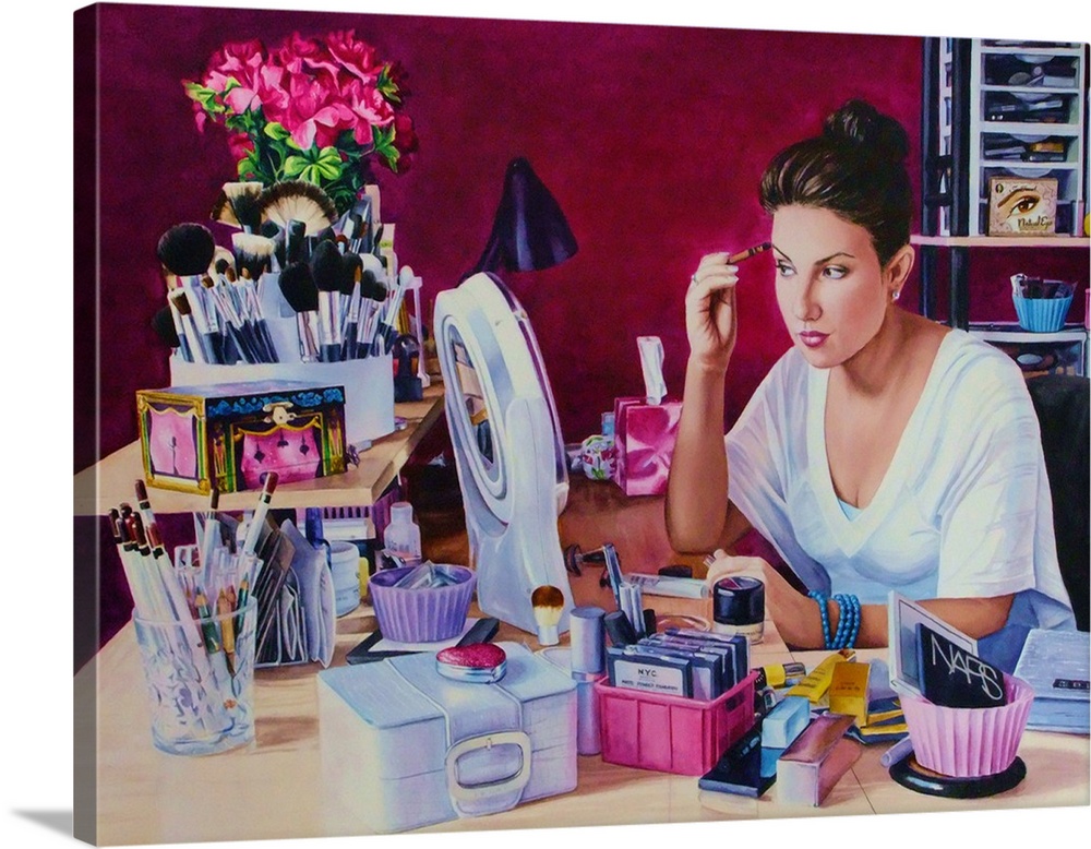A contemporary watercolor painting of a young woman putting on makeup at a desk.