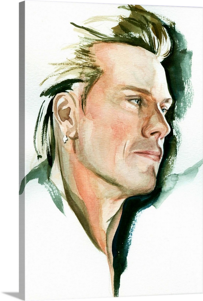 Vertigo-era Larry Mullen in a loose watercolor portrait, one of four band members.