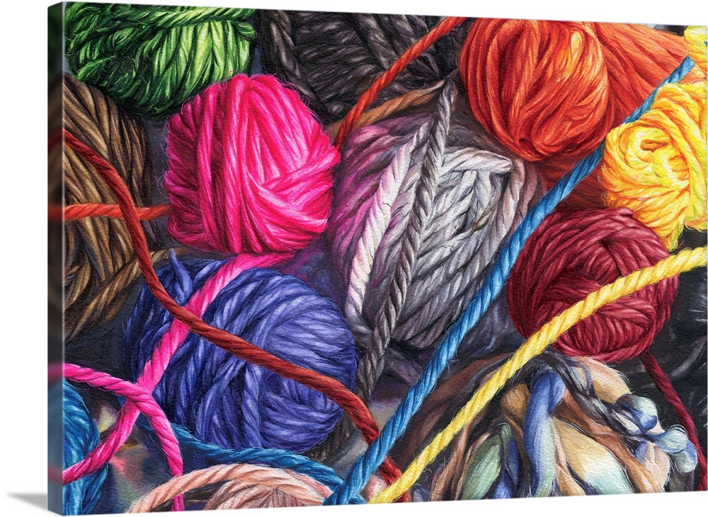 A horizontal watercolor of a bunch of balls of yarn in a variety of colors.